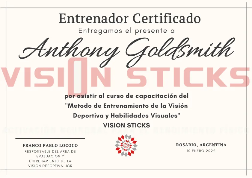 Certified Vision Training Coach Certificate for Anthony Goldsmith