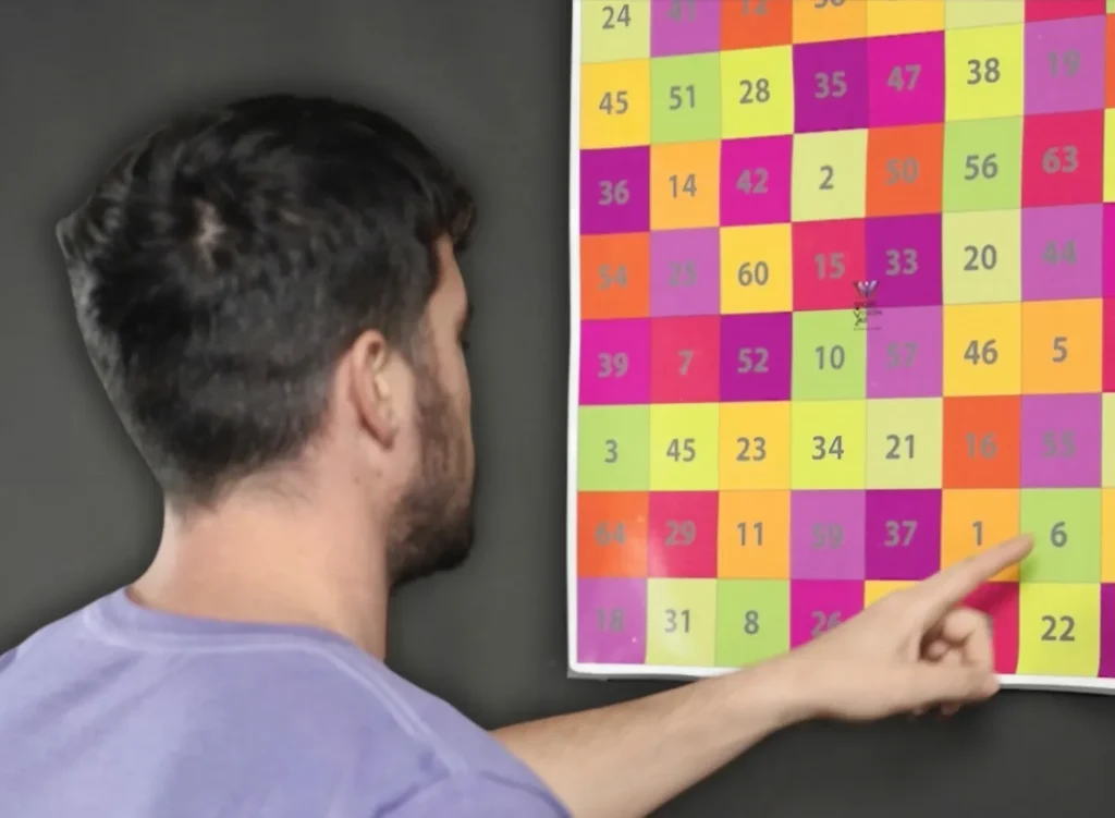 Man pointing at colorful numbered grid on wall.