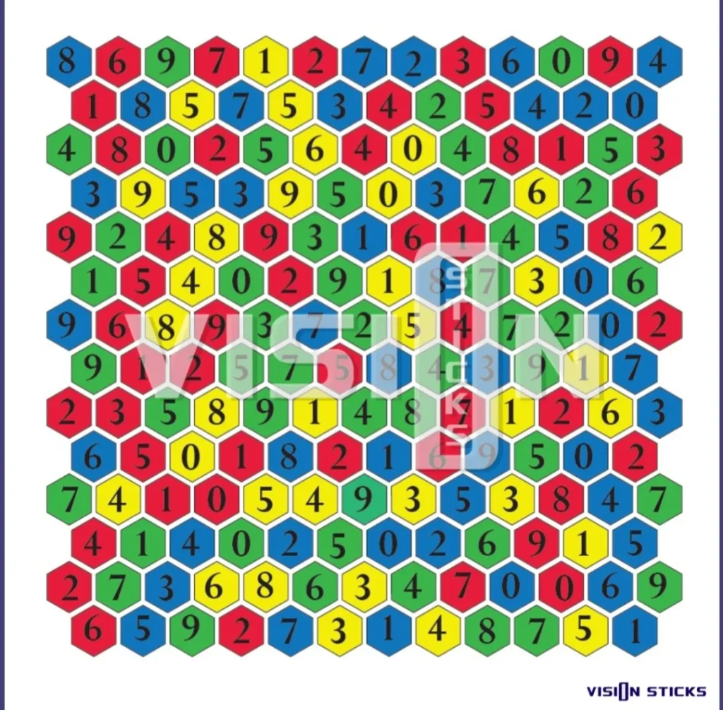Colorful hexagon grid filled with numbers for a puzzle.